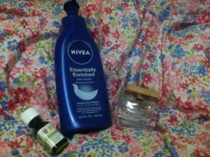 Lavender Oil, Nivea Lotion, and Dolce and Gabbana's "Rose the One"